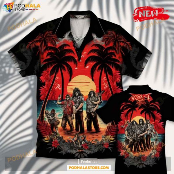 Acdc Rock Band Coconut Tree Sunset Hot Summer Button Hawaiian Shirt