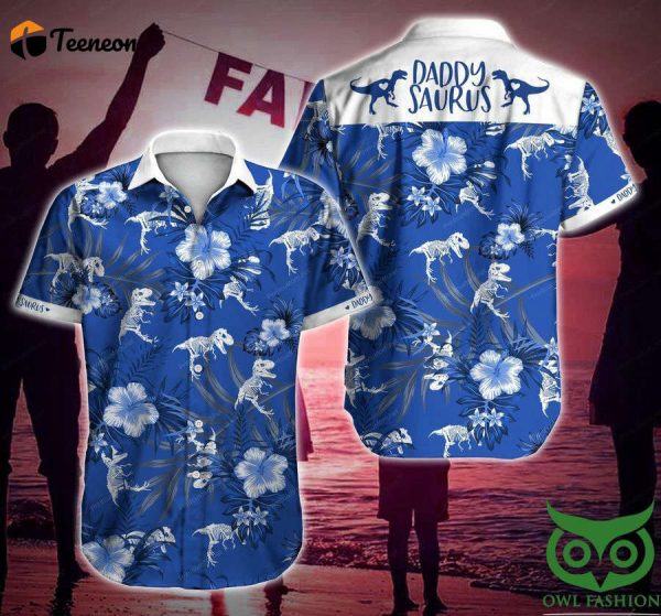 Daddysaurus Dinosaur Blue And White Flowe Hawaiian Shirt Gift For Men And Women